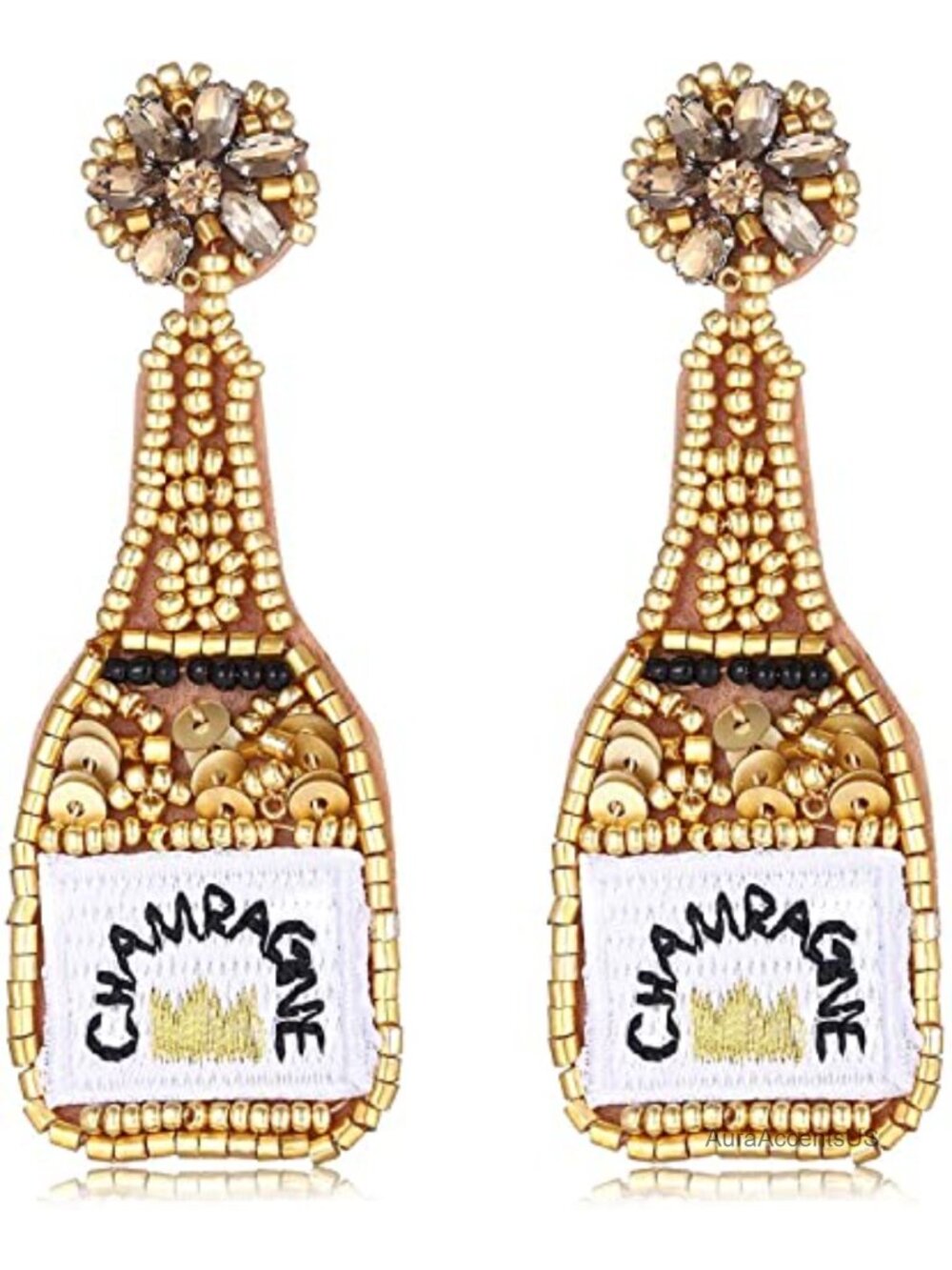 Handmade Beaded Champagne Bottle Dangle Earrings Crystal Statement